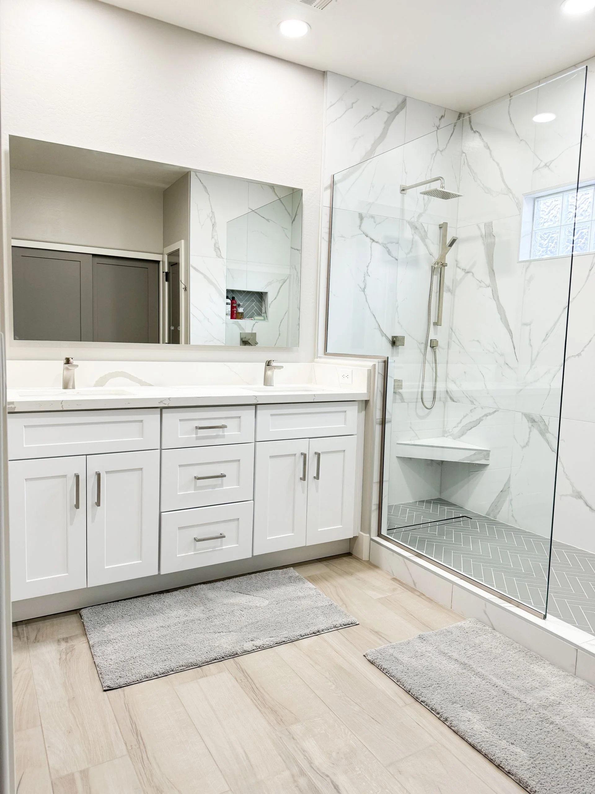 Marble walk-in shower with dual vanity, Peoria AZ