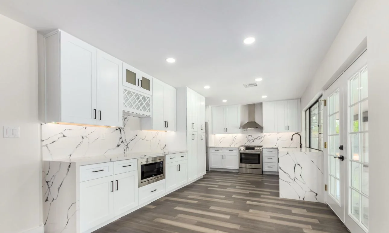Bright white kitchen with marble counters, Goodyear AZ