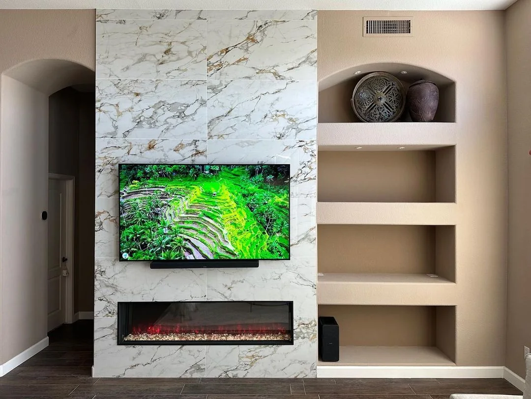 Great room with linear marble fireplace, Peoria AZ