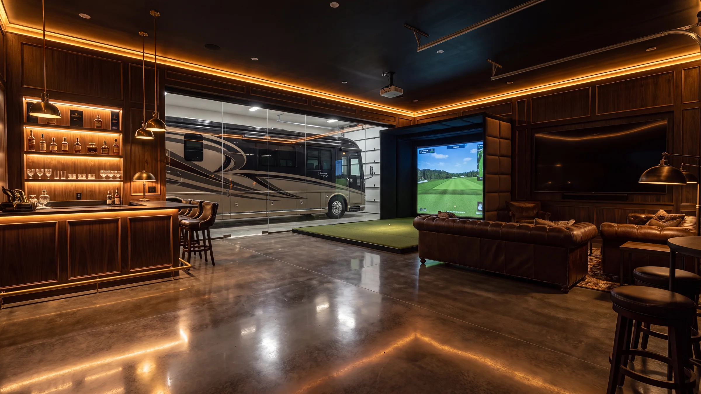 RV garage man cave with golf simulator, Arizona