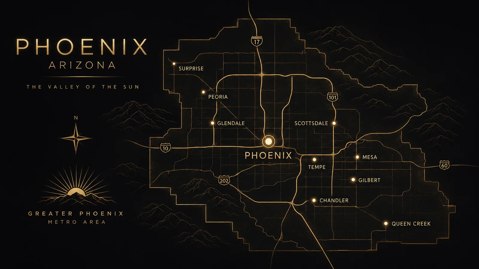 Illustrated map of the greater Phoenix metro area, the Valley of the Sun, served by Matson Signature Builders